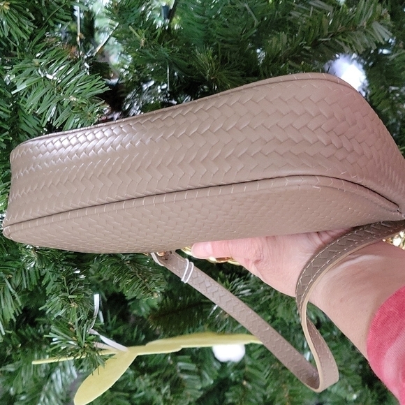 Italian Leather FIORDALISO Chain Strap Top Handle Bag Baguette Woven Gray Gold - Picture 6 of 17